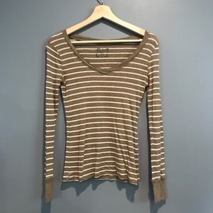 Old Navy • Brown and White Striped V Neck Tee